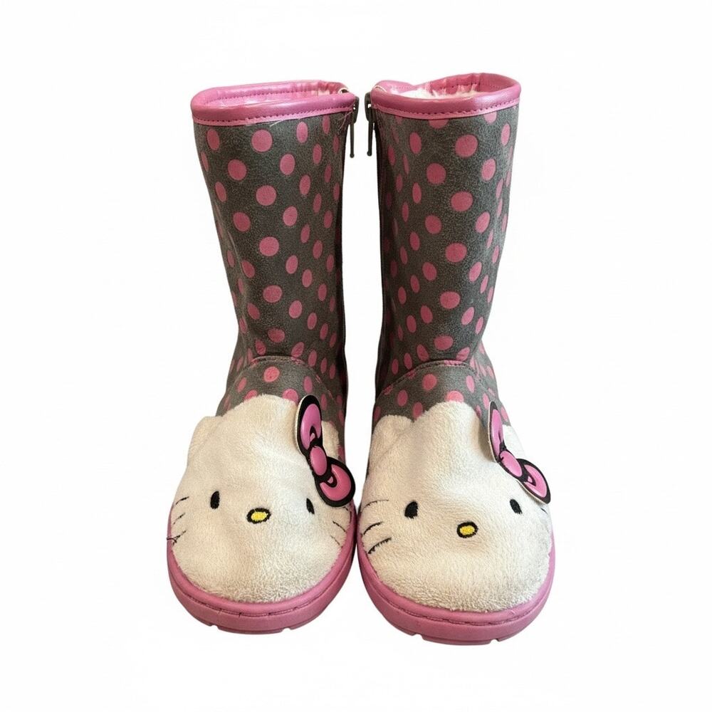 Hello Kitty Toddler Girls Boots Pink Gray Polka Dot Winter Faux Fur Size 12